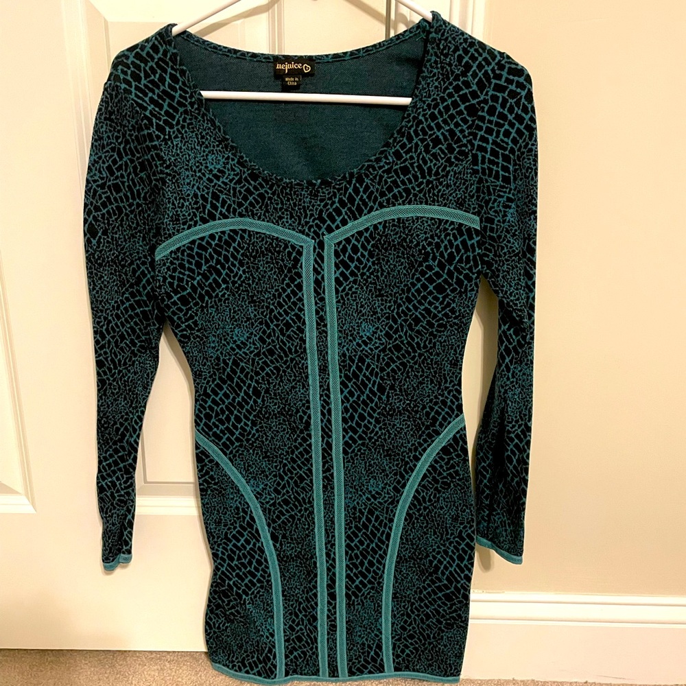Bluejuice - Turquoise Cutout Patterned  Sweater Dress Long Sleeve - Small